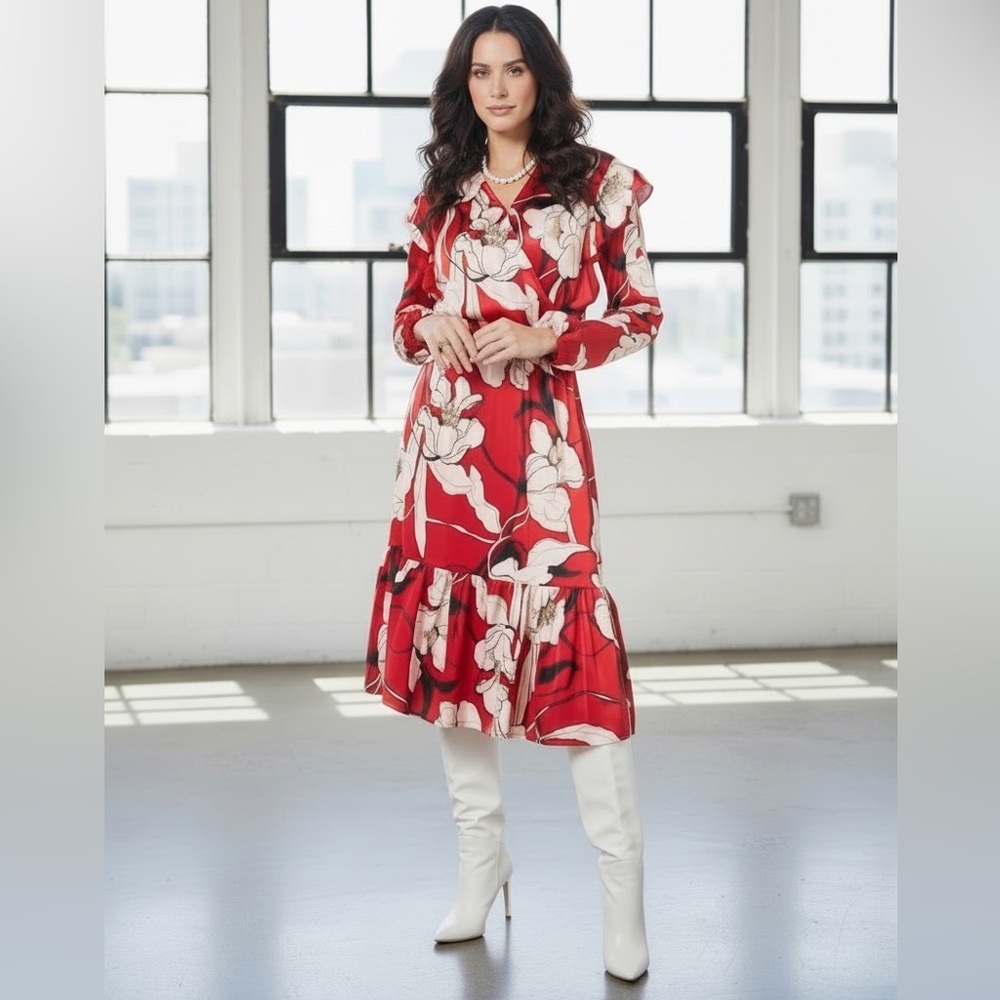 Christian Siriano Satin Floral Long Sleeve Dress in Red and white